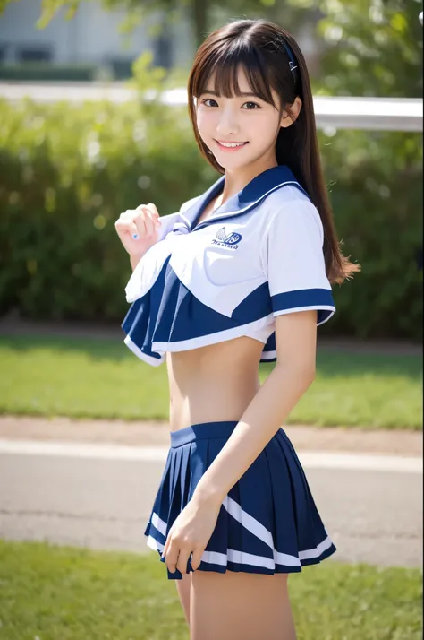 masterpiece、超High resolution、Great job!、She has a very cute face and a young figure like an idol.々A 17-year-old Japanese girl with unique features、Gentle and cute、A kind smile、She is at school　Cheerleading Team、Cheerleader uniforms are bikini style、Schooly...