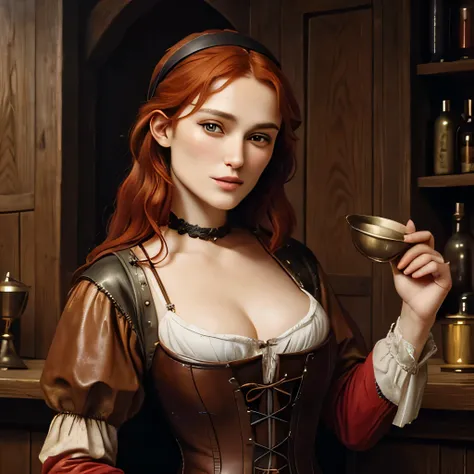 Medieval peasant woman, 16th century oil painting portrait, keira Knightley with redhair, irish ginger woman, leather corset, medieval tavern, oil painting filter