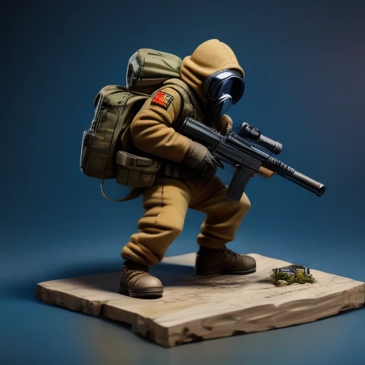 （（side angle））Alafud Soldier with gas mask and gun, Sanya Toys, Guerrilla, vinyl toy figurine, Highly detailed toys, Future combat equipment, Stop motion vinyl characters, Soldier, Marmoset Rendering, camouflage equipment, Octane Rendering”, Octane Renderi...