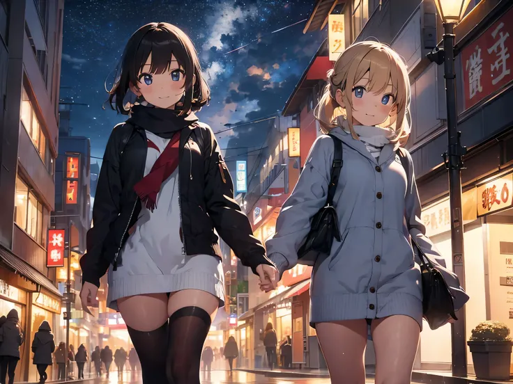 Christmas, Walking around town, girl with, 18year old, Smile, Wear winter clothes, Colorful illumination, ​masterpiece, top-quality, highly detailed anime, Well-formed face, Shining eyes, Balanced proportions, Dramatic Lighting, Night, Starry sky, Backgrou...