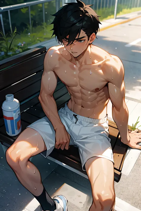 shirtless handsome manly short black hair caucasian male in white shorts, running shoes, sweat-drenched, soaking wet, drenched with sweat, sweating profusely, soaking wet with sweat, panting, exhausted, shirtless, resting on the bench along the highway