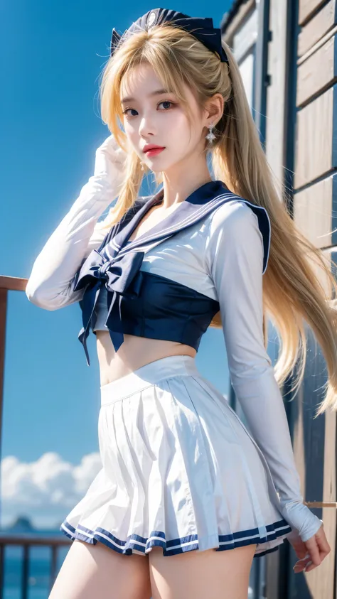 close up, 1 girl, sailor, Tsukino Usagi, (sailor chiseki uniform:1.2), (aqua eyes:0.9), Blonde hair, Medium Length Hair, wedge skirt, best quality, earrings, masterpiece, high resolution, Intricate details, (Practical)), photography, (White elbow gloves:1....