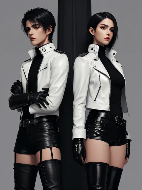 Final Fantasy-style graphics, young, Cute and cool Japanese boys and girls, Both have thin eyebrows and large eyes,  Both are wearing shiny white single-breasted leather jackets.。..。Biker style leather jacket、 with epaulettes,  The jacket is zipped up, The...