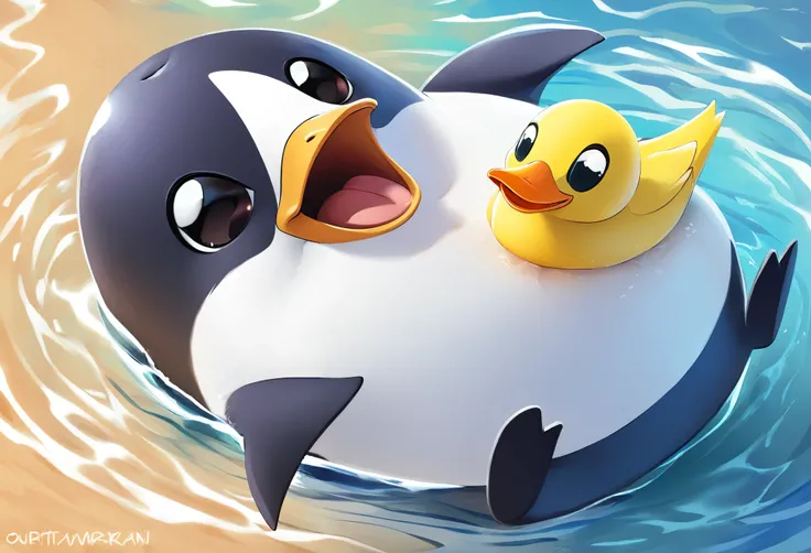 super deformed, furry, funny, fluffy, best quality, penguin with a duck mouth, cute no matter what he does, happily swimming hard