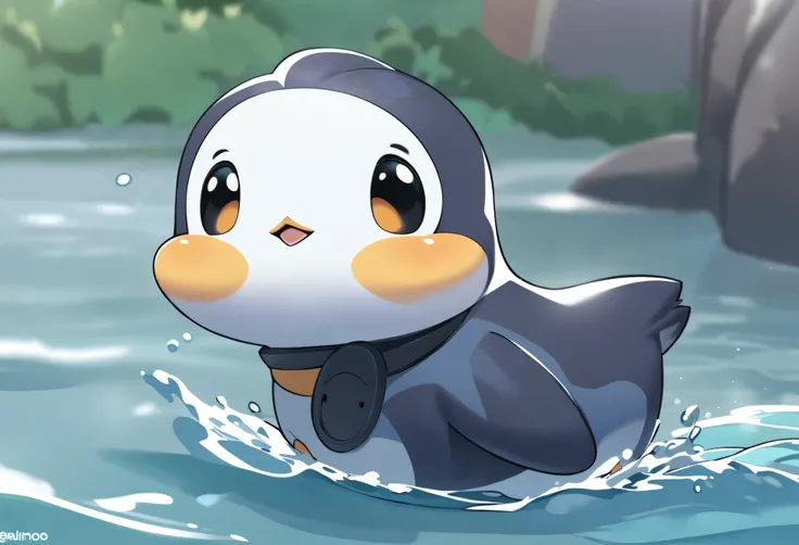 super deformed, furry, funny, fluffy, best quality, penguin with a duck mouth, cute no matter what he does, happily swimming hard