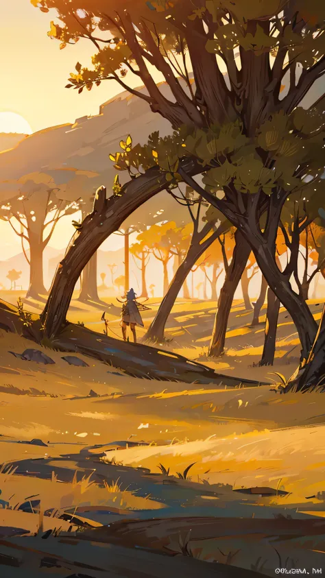 A vast, epic fantasy plateau on a wide savanna plain, . The scene is bathed in warm, golden sunlight, casting long shadows across the grassy landscape.