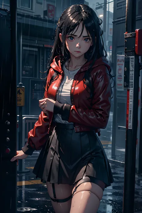 8K，tmasterpiece，Best quality，hyper-detailing，realistically，realistically，Extremely detailed face，Movie Lighting，Movie Lighting，ray traycing，unlit hair， On cloudy streets，Corner store，Bus stop，Buoggy and heavy rain，Girl with long black hair and black eyes.。...