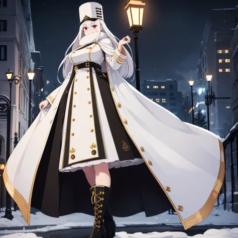 A woman wearing long white military dress with gold details, wearing a long white fur coat, imperial Russian military hat, long white hair, black boots, smiling, big breasts, red eyes, walking on a city promenade in snowy weather , orange lighting, at nigh...