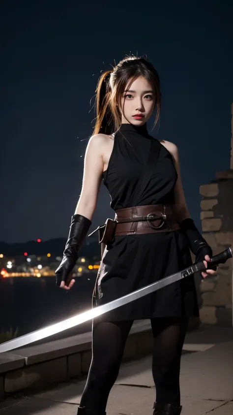 8k RAW photo, High resolution, 1 girl,. Night view, Ready to conquer the kingdom, ninja,Kunoichi,With a sword at his waist,shinobi, ninja mask, pony tail