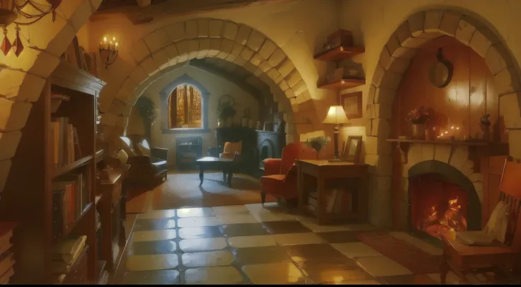 a cozy castle room, bookshelf, fireplace, old furniture