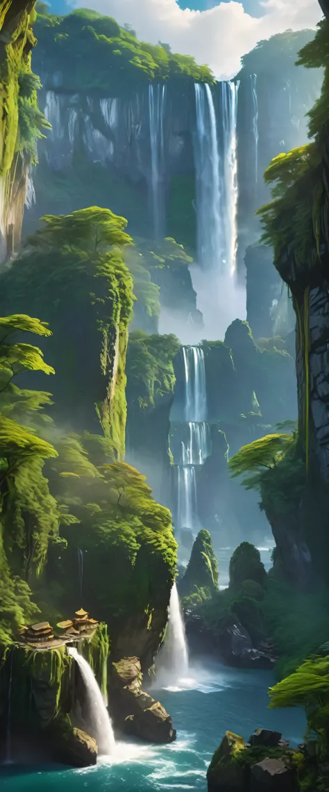 At the heart of this mysterious landscape、Towering cliffs overlooking breathtaking waterfalls。There are some arch-shaped stones on the top of the cliff.、It creates an out-of-this-world atmosphere。This enchanting setting、Top quality matte painting brings it...