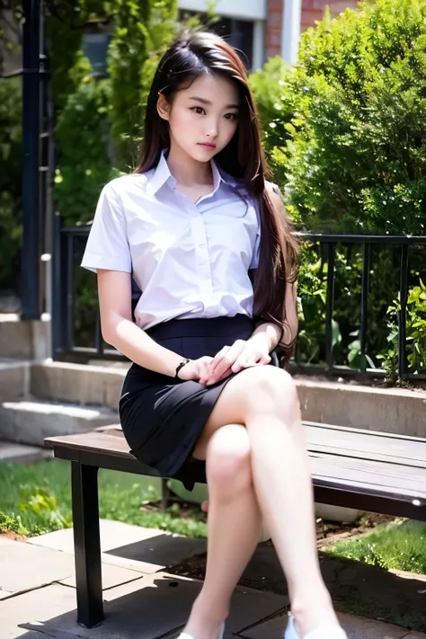 very beautiful teenage woman wearing university uniforms, small black skirt, sitting on garden bench, a beautiful modern house i...