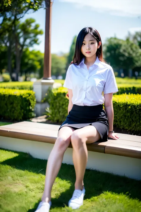 very beautiful teenage woman wearing university uniforms, small black skirt, sitting on garden bench, a beautiful modern house i...