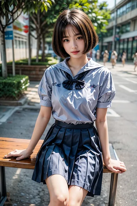 very beautiful teenage woman wearing student uniforms, small black skirt, sitting on garden bench, a beautiful modern house is b...