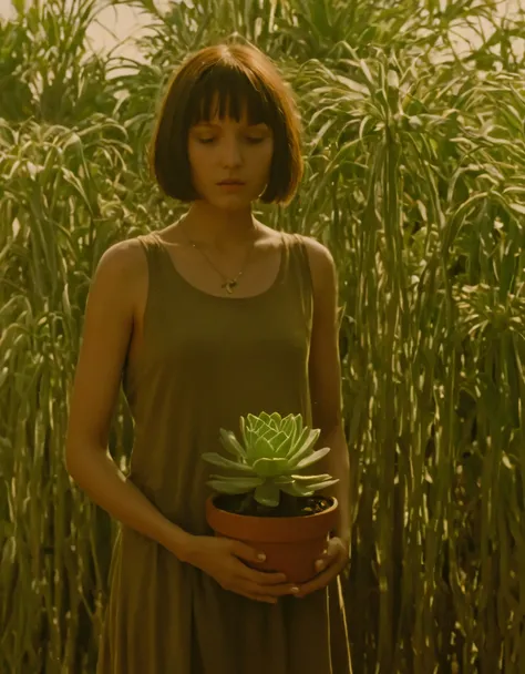 Enter the world of cinema with this prompt featuring a photography capturing the iconic scene from "Leon: The Professional" where the young female protagonist cradles a succulent plant in her arms. The warm glow of sunlight bathes the scene, highlighting t...