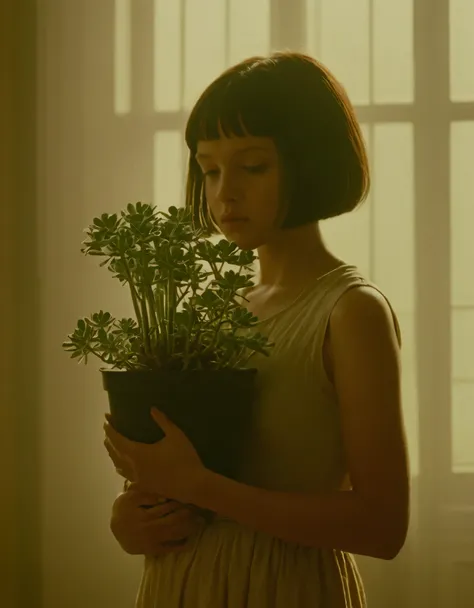 Enter the world of cinema with this prompt featuring a photography capturing the iconic scene from "Leon: The Professional" where the young female protagonist cradles a succulent plant in her arms. The warm glow of sunlight bathes the scene, highlighting t...