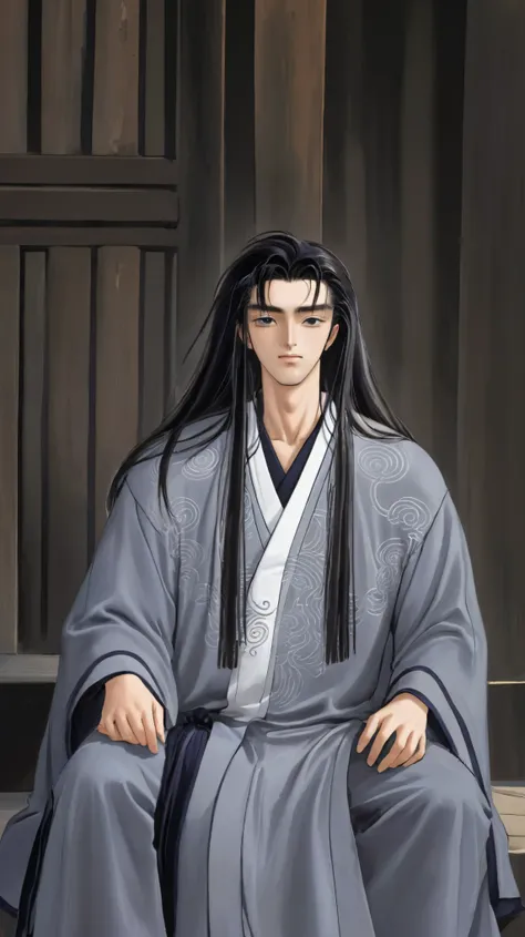 1 male, Young and handsome man, A man with long black hair wearing a gray Taoist robe sits on the steps of a Taoist temple, The expression is sacred, With eyes closed, Hyperrealism, god rays, Fujicolor, character chart, close-up, Fujifilm, Sony FE GM, UHD,...