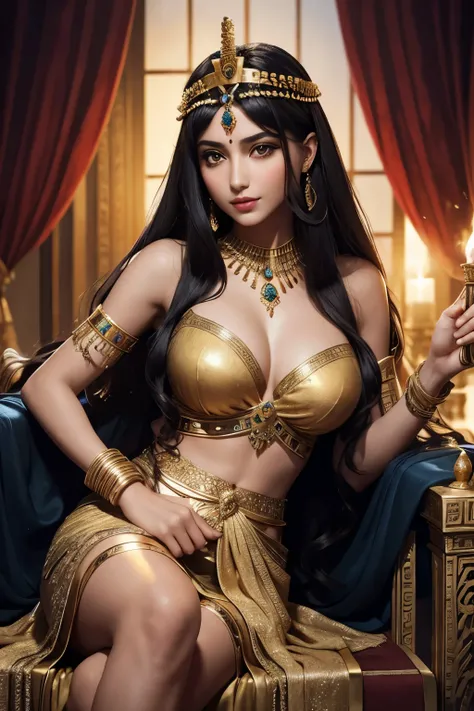 Cleopatra, the Greek Pharaoh: Imagine Cleopatra, elegantly adorned in royal attire, seated on her ornate throne in the heart of ancient Egypt. Her golden diadem glimmers in the moonlight, her gown draped in luxurious fabrics of deep blues and golds, bedeck...