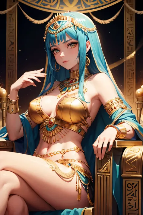 Multilingual Queen: Imagine Cleopatra, a majestic monarch, elegantly seated on a regal throne, adorned in golden jewelry and intricate jewels. With a serene expression on her face, she engages in deep conversation with her advisors, speaking fluently in ni...