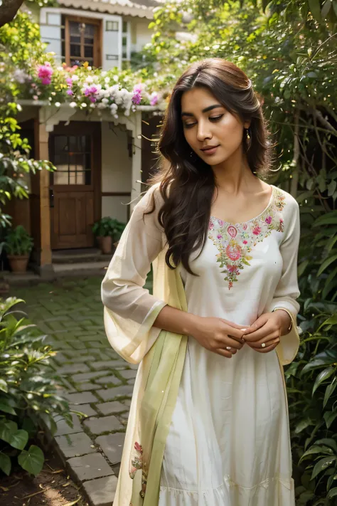 In the lush embrace of a vibrant garden resplendent with blooming flowers and lush greenery, a young girl adorned in Punjabi traditional attire strikes a pose for her camera. Dressed in a colorful and elegant Punjabi suit with intricate embroidery and vibr...