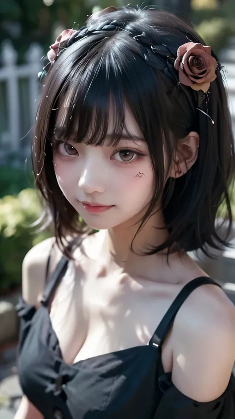 Surreal、Delicate and detailed line drawingasterpiece、highest quality、Highest quality、One Woman、(Black Hair、Hime cut, Long Hair:1.2)、Natural Makeup、Eyelash extensions、Sharply draw eyelashes、Eyebrows are thin and short、Deep orange blush、Grinning, showing som...