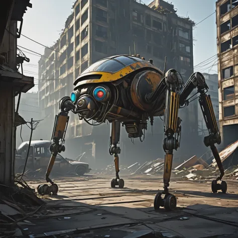 (best quality,highres),insectoid robots made of garbage and scrap,scouring an apocalyptic wasteland,finding useful parts,ruined environment,desolate landscape,dusty atmosphere,harsh sunlight,abandoned structures,dilapidated buildings and vehicles,destroyed...