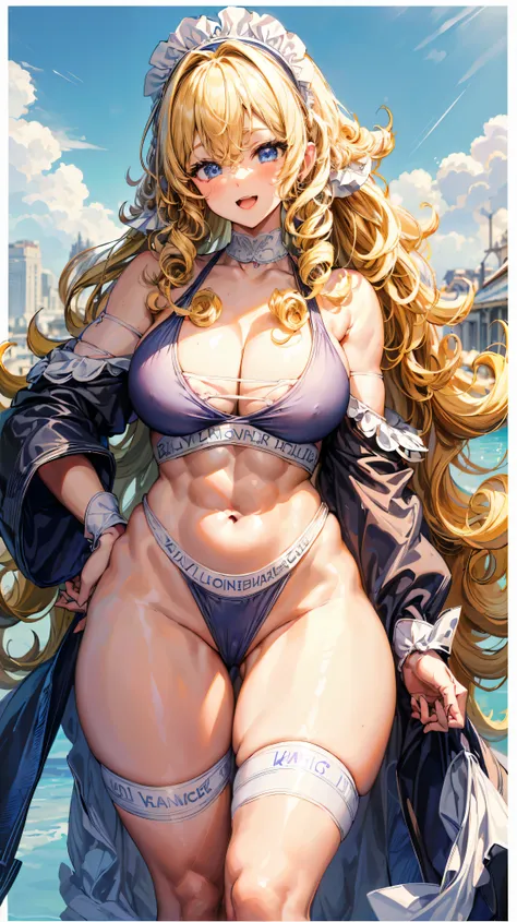 Super detailed、highest quality、Best image quality、masterpiece、8K、Anime Face、A kind smile、Open Mouth、Sparkling Blue Eyes、(Long blonde curly hair:1.4)、Wearing a maid headband、(SFW huge body)、(((Rear view)))、Cowboy Shot、(Wearing a white thong:1.5)、Muscles of ...