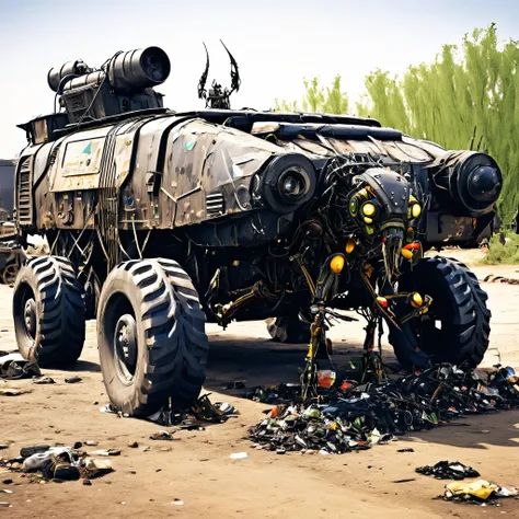 Insectoid robots made of garbage and scrap scour van apocalyptic wasteland scavenging for useful parts