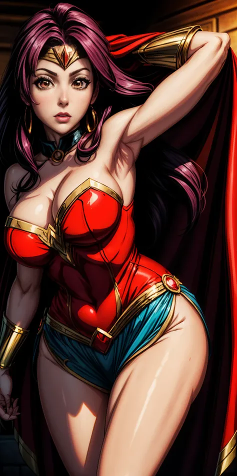 a woman in a red and gold costume posing for a picture, bright red cape on her back, faye valentine, amouranth as a super villain, cory chase as an atlantean, she-ra, she - ra, dressed as wonder woman, cinematic goddess body shot, ornate cosplay, close up ...