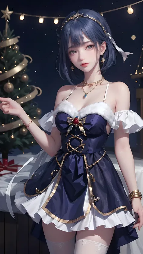 1 Girl, Bangs, Blue Hair, bow, Box, bracelet, Christmas, Christmas tree, Cowboy shooting, skirt, earrings, Fishing Net, flower, Gift, Gift Box, Hair accessories, Hamel, jewelry, Looking at the audience, Colorful hair, necklace, Pantyhose, Open your mouth, ...