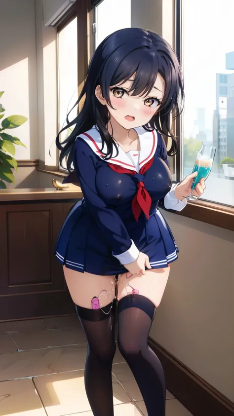 2 girls, by 2 person, Girl&#39;s brown eyes, black hair, medium long hair, Inward roll、(Navy blue sailor suit:1.4),indoors, Cafe、very big breasts、publish one&#39;chest of、Naked things&#39;chest of、blush、embarrassing、scary face、I&#39;m worried、confused face...