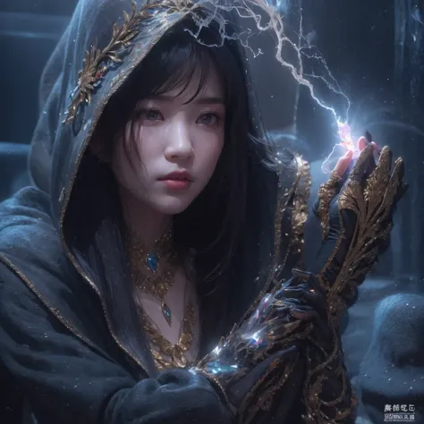 asian fairy wearing silk hooded and glowing gloves，lateral face，a collarless coat，lightning hands，sunglasses，cyberpunk smoke，（（（...