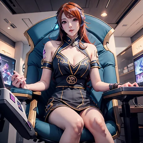 Um personagem feminina estilo anime, 4k masterpiece scenario fourth gamer playing league of league sitting in a gamer chair