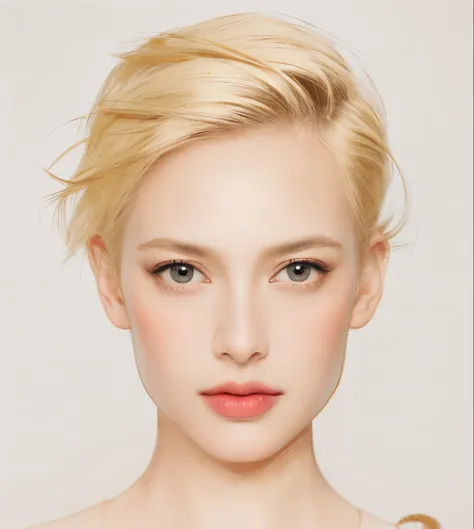 A painting，There is a short-haired woman in the painting, blonde，Healthy wheat skin tone，Dark lipstick，True artistic portrait, foto do rosto, lifelike portraits, delicate perfect face,, Delicate and charming face, Perfect proportions and exquisite face sha...