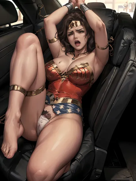 (((wonder woman handcuffed in the seat of a police car))) ,((SUPERHEROINE WONDERWOMAN É UMA VELHA PROSTITUTA IMUNDA, prostitution)), ((emotional expression,expression of pain and despair, gritando de dor, expression of suffering, olhos arregalados)),(Wonde...