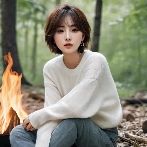 Camping in the woods、Starting a bonfire、Short Hair、18-year-old female ((highest quality、8k、masterpiece:1.3))、Highly detailed face and skin texture、 Detailed eyes、double eyelid、T-Shirturvival