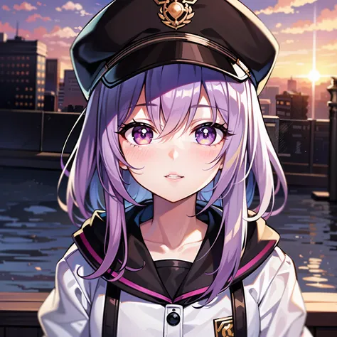 ((1girl, solo)), purple hair, long hair, purple eyes, grey, +_+, long sleeves, smile, (((parted lips))), hood down, (badge on hat), symbol-shaped pupils, looking at viewer, details eyes, absurdres, half body, ((sunset)), top view, (day time, sunny)