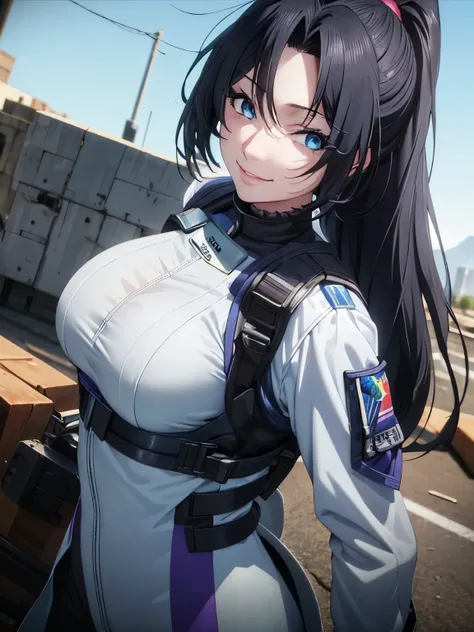 1 adult woman, 29 years old, Dominique de Sade, hair in one ponytail,Black hair, blue eyes, walking, light smile, wearing astronaut uniform, big breasts, ultra detail, ultra HD