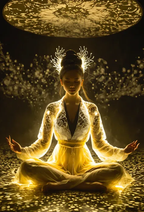fullbody Photography of  lotus pose girl，Raw, cinematic shot, (sharp focus:1.5), (photorealistic:1.4), twilight lighting, volumetric lighting, ultra high res, 16K,dramatic lighting, abstract backgrounds：1.5）（zentangle，datura，Tangles，entangled：0.7）Kitsune w...