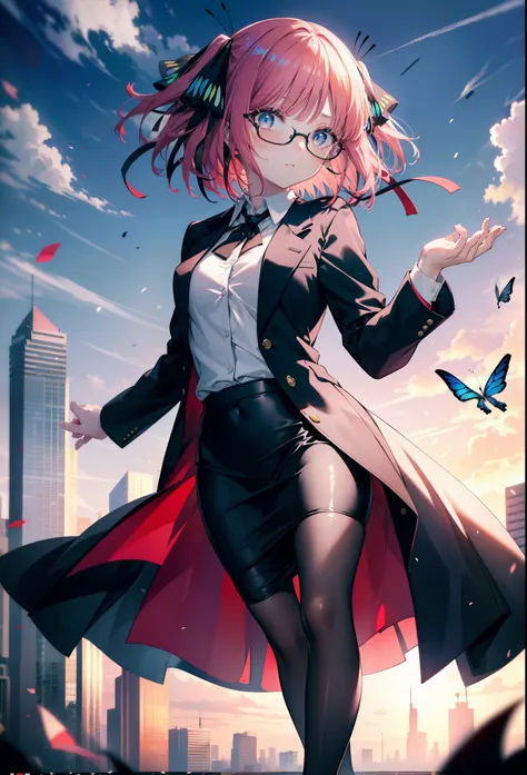 I was silent, Nino Nakano, short hair, bangs, blue eyes, hair ornaments, Hair Ribbon, Pink Hair, blunt bangs, Both sides up, butterfly hair ornaments,OL, Red glasses, end, Black suit jacket, Collared jacket, White dress shirt, Collared shirt, Neckline, but...