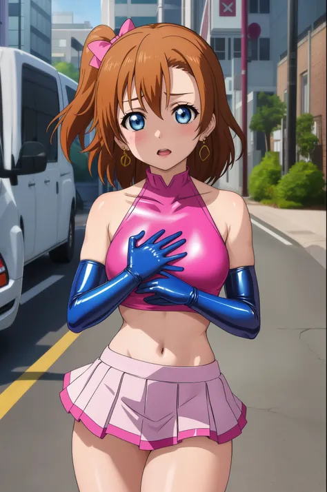 masterpiece, best quality,8k wallpaper, blue eyes,cowboy shot,kousaka honoka, (pink tight crop top), halter neck,breasts , elbow gloves, (pink latex skirt), in street , solo, (standing:0.8), earrings, posing , crotch , hands under skirt, masturbating 