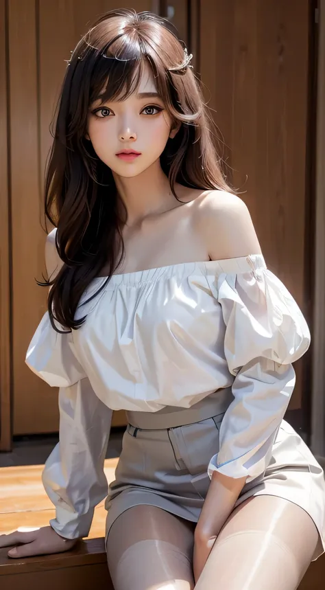 {{masterpiece}}, Silky straight hair、Bangs and eyeliner for big eyes、Cute embroidered off-shoulder blouse,White mini skirt、Accentuate your beautiful legs,(Transparent and shiny light grey pantyhose)、Nordic youth、Perfect body、Very beautiful and cute、White s...