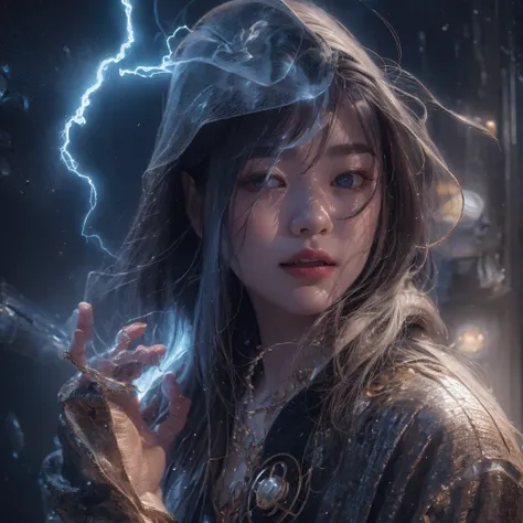 asian fairy wearing silk hooded and glowing gloves，lateral face，a collarless coat，lightning hands，sunglasses，cyberpunk smoke，（（（...