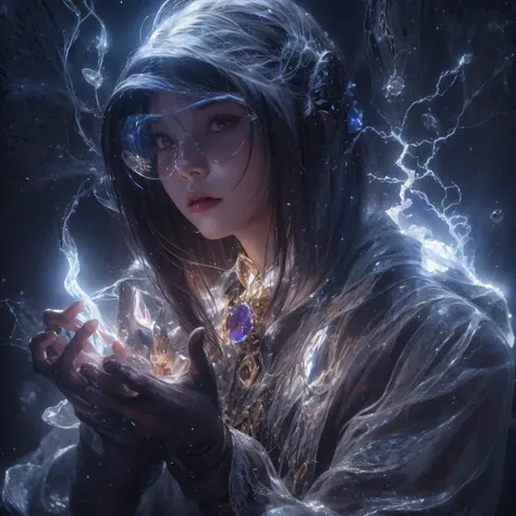 asian fairy wearing silk hooded and glowing gloves，lateral face，a collarless coat，lightning hands，sunglasses，cyberpunk smoke，（（（...