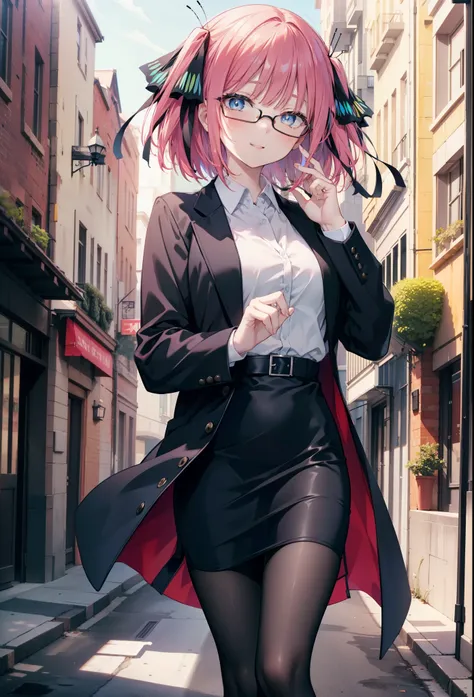 I was silent, Nino Nakano, short hair, bangs, blue eyes, hair ornaments, Hair Ribbon, Pink Hair, blunt bangs, Both sides up, butterfly hair ornaments,happy smile, smile, Open your mouth,OL, Red glasses, end, Black suit jacket, Collared jacket, White dress ...