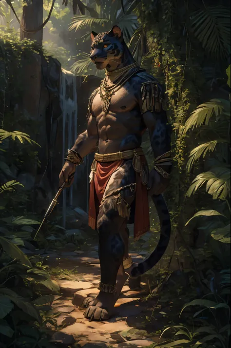 (((Barefoot furry character, full body, cinematic setting, furry male, plantigrade))) 

stealthy and agile panther anthro with sleek black fur and piercing amber eyes. Clad in tribal-inspired attire with dart motifs symbolizing curares traditional use in b...