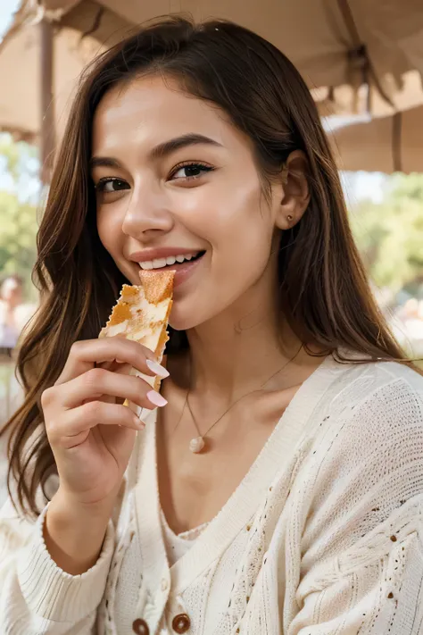 Please depict a woman holding a snack in one hand and enjoying its sweet taste as she eats it. Her lips are slightly parted, with a joyful smile spreading across her face as she eats the snack. There may be crumbs around her lips as she eats. The expressio...