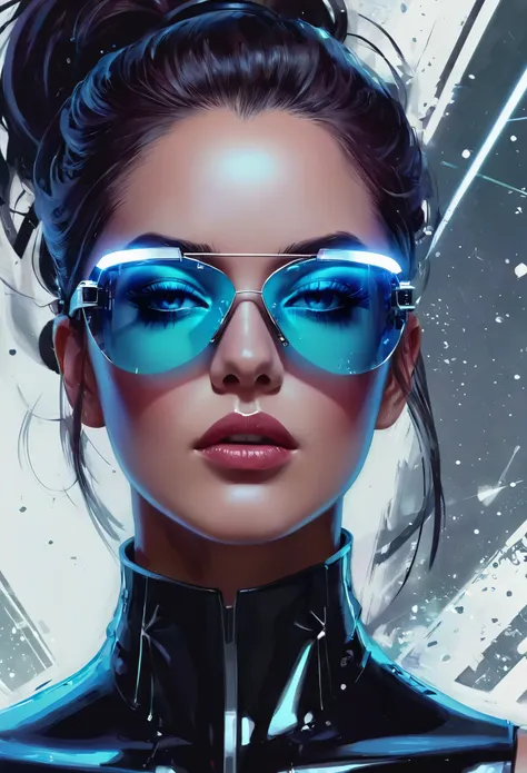 design a digital artwork featuring a futuristic femme fatale with sleek, reflective glass glasses and a smooth, high-tech textur...