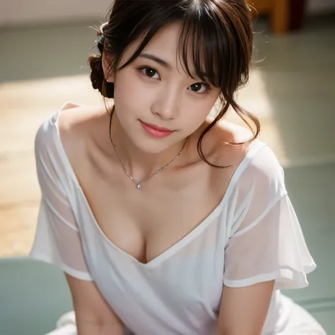 Best-quality, Masterpiece, Ultra-High-Resolution, (Photorealistic:1.4), Raw-Photo, depth of field, professional-lighting, ((from above, front view)), 1girl, the most famous Japanese idol, ((wearing loose fitting T-shirt with deep neckline, (leaning forward...