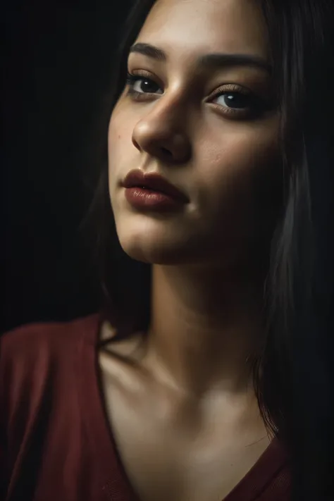 (close-up, editorial photograph of a 21 year old woman), (highly detailed face:1.4) (smile:0.7) (background inside dark, moody, private study:1.3) POV, by lee jeffries, nikon d850, film stock photograph ,4 kodak portra 400 ,camera f1.6 lens ,rich colors ,h...